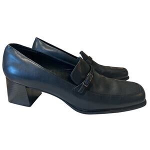 VTG 90s Square Toe Chunky Block Heel Leather Loafers Size 7.5 Navy Blue Academia